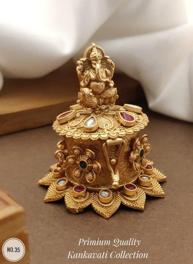 Stotram Brass Antique Ganesh Kempu Sindoor Box Gold Plated Sidoor Box/Wedding Gift/Pooja Accessory/Kumkum box (Kempu Sindoor Box) - Image 3